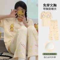 睡衣女带胸垫夏季短袖长裤薄款韩版甜美风卡通家居服套装可外穿