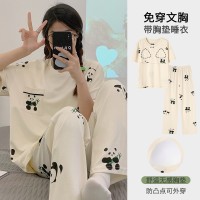睡衣女带胸垫夏季短袖长裤薄款韩版甜美风卡通家居服套装可外穿