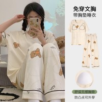 睡衣女带胸垫夏季短袖长裤薄款韩版甜美风卡通家居服套装可外穿