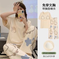 睡衣女带胸垫夏季短袖长裤薄款韩版甜美风卡通家居服套装可外穿