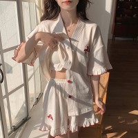 新款睡衣女夏季短袖短裤带胸垫开衫套装简约宽松大码家居服可外穿