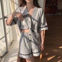 新款睡衣女夏季短袖短裤带胸垫开衫套装简约宽松大码家居服可外穿
