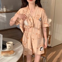 新款睡衣女夏季短袖短裤带胸垫开衫套装简约宽松大码家居服可外穿