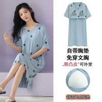 莫代尔女士睡裙夏季带胸垫半袖中长款韩版凉感家居服睡衣裙加大码