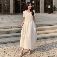【现货主推】赫本风连衣裙女夏季2024新款V领收腰长裙