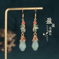新款潮流复古首饰珐琅小众925银耳针玉兰花仿和田玉古风耳环