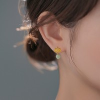 招桃花草莓晶耳饰复古民族潮古风耳环百搭圆珠耳钩小巧玉石耳钉