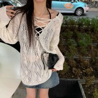 白色镂空抽绳绑带v领防晒针织衫女夏季早秋冰丝薄款空调罩衫上衣