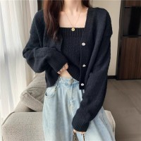 辣妹温柔毛衣女春秋2024新款短款上衣针织开衫外套叠穿吊带两件套