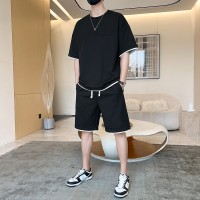 华夫格夏季大码休闲短袖潮流套装男生透气百搭帅气宽松运动两件套