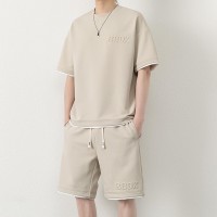华夫格夏季大码休闲短袖潮流套装男生透气百搭帅气宽松运动两件套