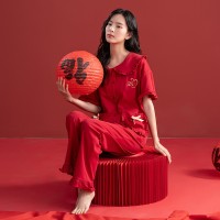 睡衣女夏季纯棉短袖长裤半袖女士红色本命年春秋款韩范家居服套装