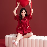 睡衣女夏季纯棉短袖女士夏款红色本命年春秋款婉雅家居服套装夏天