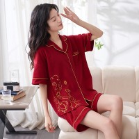 睡衣女夏季纯棉短袖女士夏款红色本命年春秋款婉雅家居服套装夏天