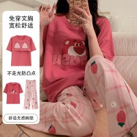 夏季新款带胸垫卡通睡衣女短袖长裤可外穿薄款女士甜美可爱家居服