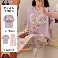 夏季新款带胸垫卡通睡衣女短袖长裤可外穿薄款女士甜美可爱家居服