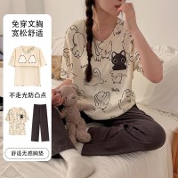 夏季新款带胸垫卡通睡衣女短袖长裤可外穿薄款女士甜美可爱家居服