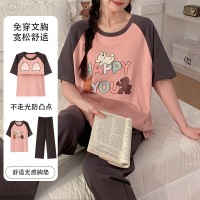 夏季新款带胸垫卡通睡衣女短袖长裤可外穿薄款女士甜美可爱家居服