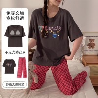 夏季新款带胸垫卡通睡衣女短袖长裤可外穿薄款女士甜美可爱家居服