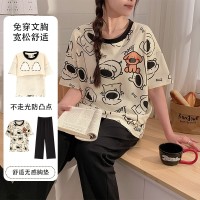 夏季新款带胸垫卡通睡衣女短袖长裤可外穿薄款女士甜美可爱家居服