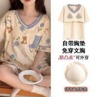 带胸垫睡衣夏季仿棉拉架短袖短裤甜美可爱睡衣女家居服可外穿套装