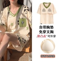 带胸垫睡衣夏季仿棉拉架短袖短裤甜美可爱睡衣女家居服可外穿套装