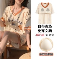 带胸垫睡衣夏季仿棉拉架短袖短裤甜美可爱睡衣女家居服可外穿套装