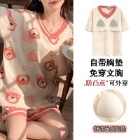 带胸垫睡衣夏季仿棉拉架短袖短裤甜美可爱睡衣女家居服可外穿套装