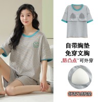 新款纯棉睡衣女士春夏季带胸垫薄款短袖短裤春秋款休闲家居服套装