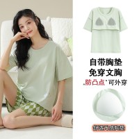 新款纯棉睡衣女士春夏季带胸垫薄款短袖短裤春秋款休闲家居服套装
