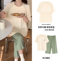 莫代尔睡衣女士夏季短袖七分裤薄款防凸点家居服休闲套装可外穿