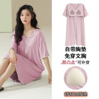 睡裙女夏季短袖中长款莫代尔可外穿夏天大码带胸垫家居服休闲韩版