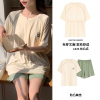 2024年短袖睡衣女夏季薄款莫代尔带胸垫家居服防凸点外穿套装跨境