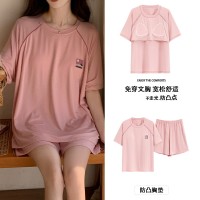 2024年短袖睡衣女夏季薄款莫代尔带胸垫家居服防凸点外穿套装跨境