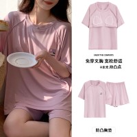 2024年短袖睡衣女夏季薄款莫代尔带胸垫家居服防凸点外穿套装跨境