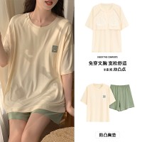 2024年短袖睡衣女夏季薄款莫代尔带胸垫家居服防凸点外穿套装跨境