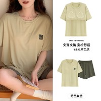 2024年短袖睡衣女夏季薄款莫代尔带胸垫家居服防凸点外穿套装跨境