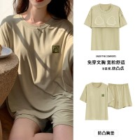 2024年短袖睡衣女夏季薄款莫代尔带胸垫家居服防凸点外穿套装跨境