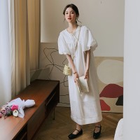 现货韩版泡泡袖压褶系带连衣裙H852