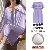 睡裙女自带胸垫新款莫代尔短袖甜美可爱风卡通韩版ins风宽松睡裙