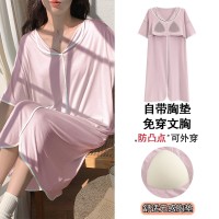睡裙女自带胸垫新款莫代尔短袖甜美可爱风卡通韩版ins风宽松睡裙