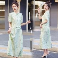现货2024夏季新款竹子叶提花缎松紧腰真口袋新中式套装两件套裙