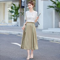 现货紫色马面裙套装圆领提花缎百搭T短袖松紧腰盘扣两件套裙