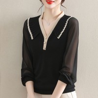 妈妈春装雪纺纱袖t恤2024新款中老年女装长袖减龄上衣服阔太太衫