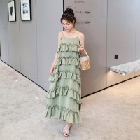 浅绿色波浪卷吊带裙背带裙199
