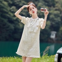 法式亮片雪纺连衣裙女2024夏装新款小个子显高款遮肚子显瘦裙子