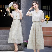 现货2024夏装盘扣短袖套装连衣裙印花女夏季新中式吊带裙两件套