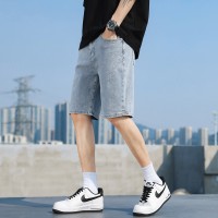 Q夏季薄款牛仔短裤男士高街宽松直筒刺绣洗水休闲五分马裤子