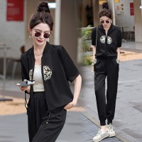 新款现货~~~2024夏季气质新中式两件套缎面冰凉小脚裤女式套装