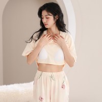 2024夏季女士带胸垫防凸点睡衣舒适大码可外穿宽松家居服棉套装女